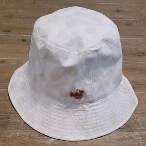 Disney Parks White Polka Dot Minnie Mouse Pin Bucket Hat Summer Beach Hat